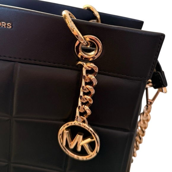 NWT Michael Kors Quilted Leather Satchel | Black MK Chain Crossbody Tote - Picture 7 of 10